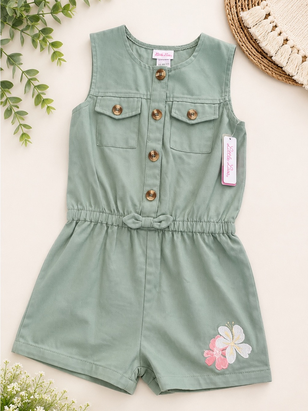 Little Lass Girls' Sage Green Sleeveless Romper with Floral Embroidery NWT